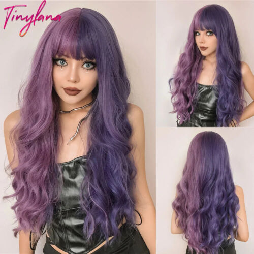Purple Pink Long Wavy Synthetic Wig with Bangs Two Tone Ombre Wig Heat Resistant - Picture 1 of 34