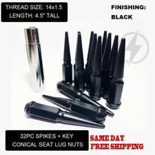 FIT RAM 2500 3500 8LUG 4.5’’ SPIKE LUG NUT 14x1.5 CONICAL SEAT BLACK 32PC+KEY