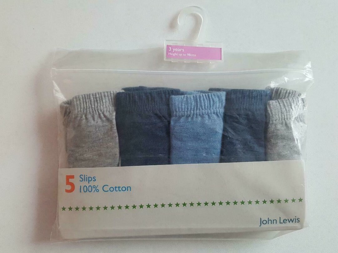 John Lewis Boys' Slips 5 Pack 100 Cotton Size Age 2 Years Blue/Grey