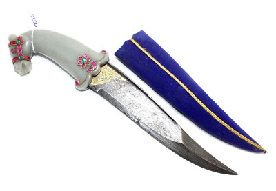 Jade Ritual Dagger Dagger Knife Damascus Steel Blade Horse Jade Stone Handle Gold Wire ...