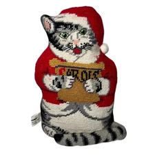 Needlepoint Stuffed Santa Cat Kitty Centrum Christmas Carols Red Backing 10 IN.