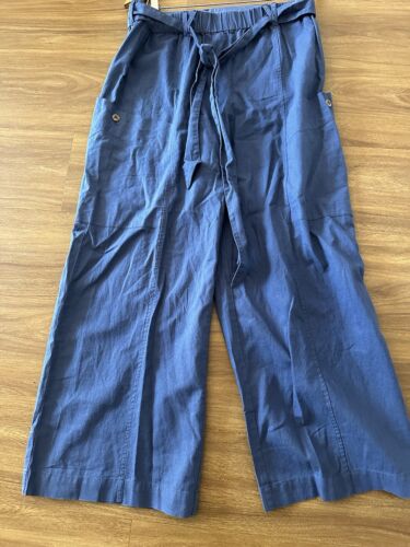 FREE PEOPLE Cargo Pants Ocean Blue Elastic Waist Wide Leg Belted Baggy 32x29 NWT