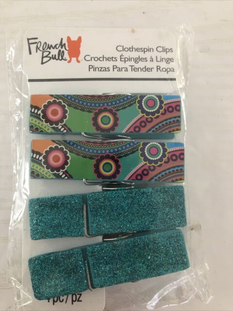 FRENCH BULL Decorative Clothespin Clips lot of 4 Floral & Aqua Glitter-NEW