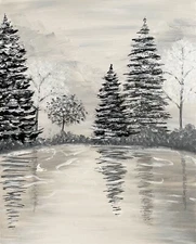 ACEO Mini **Art Print** Card Black & White Winter Trees & Lake by Saulite