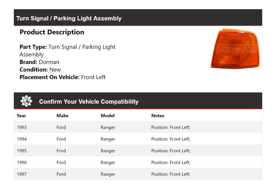 Conjunto de luz de estacionamiento/señal de giro delantera izquierda para Ford Ranger Dorman 1993-1997 Foto 2 de 4