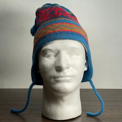 VTG 70s Hand Knit Chullo Beanie Blue Aztec Retro Nordic Tassel Wool Winter Hat