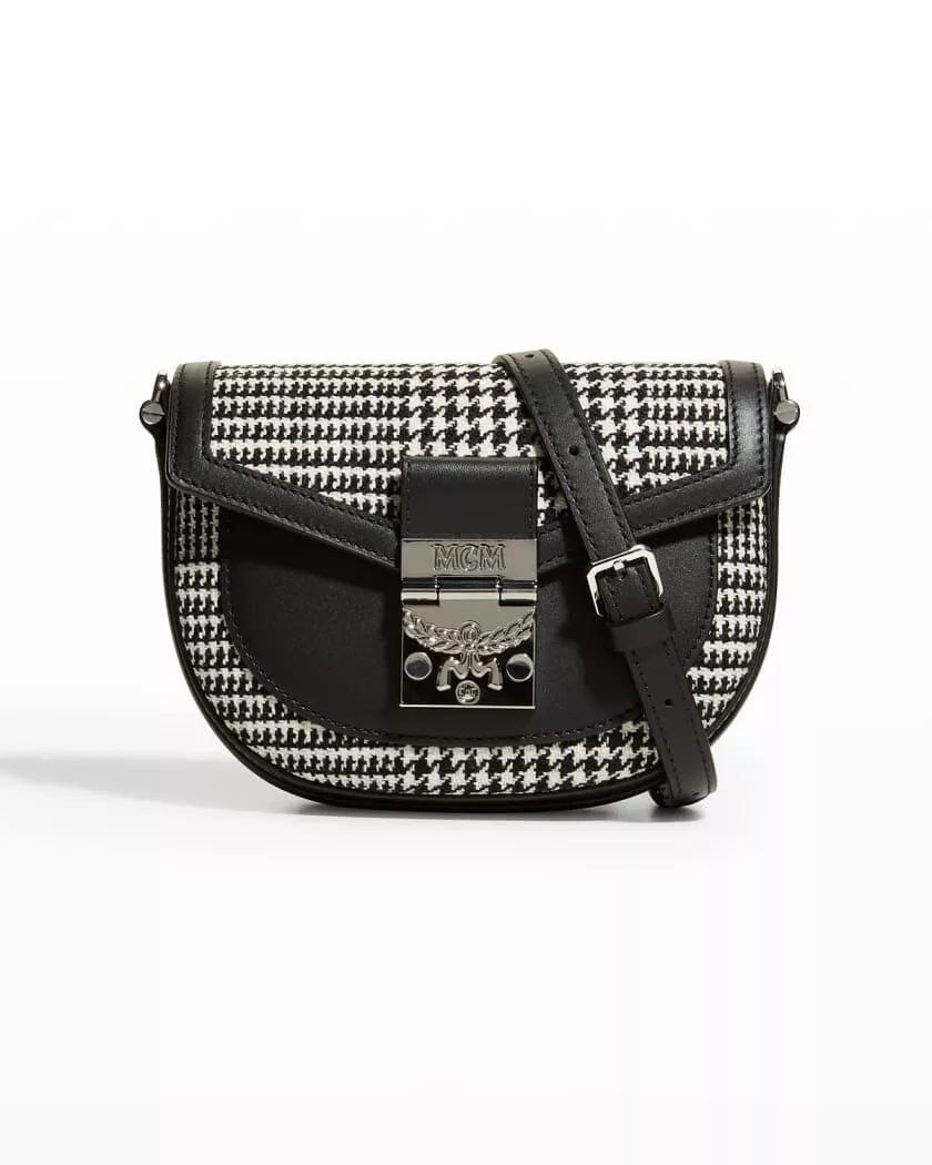 New MCM Patricia Houndstooth Convertible Wool Leather Crossbody Belt Bag  Black