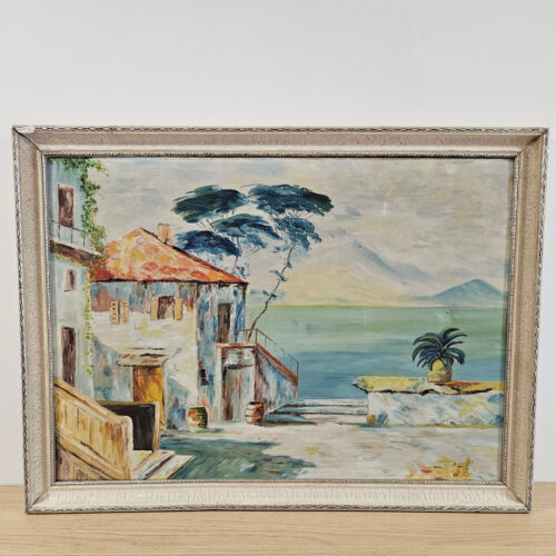 Mediterranean Framed Oil Painting, Coastal Landscape Impressionist Style Art