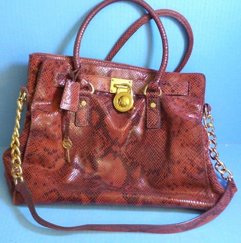 Michael Kors Large Hamilton Tote Red/Black Python Embossed Leather Chain Strap