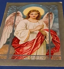 Antique Christmas 1909 Postcard BEAUTIFUL ANGEL PRAYING PEERS THROUGH WINDOW