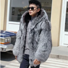Winter New Fashion Jacket Men's Silver Cold-Proof and Warm Faux Fur Hooded Coat
