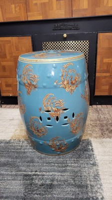 Teal Ceramic Garden Stool With Peacock Design 