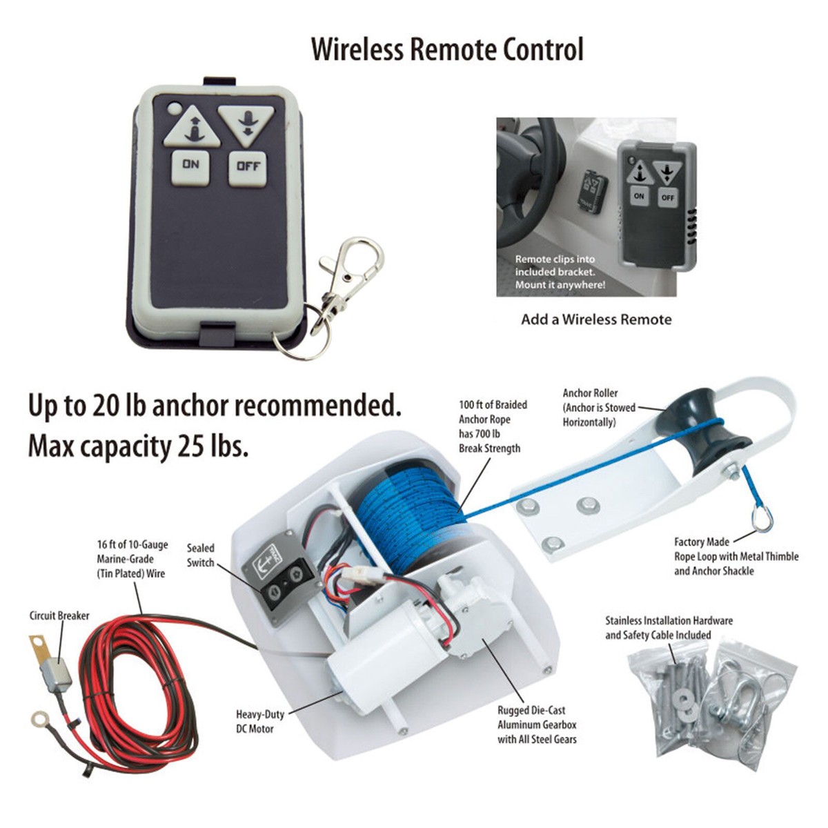 SEAWELL 35LBS Electric Anchor Winch Kit – 12V, Wireless Remote, Saltwater Ready