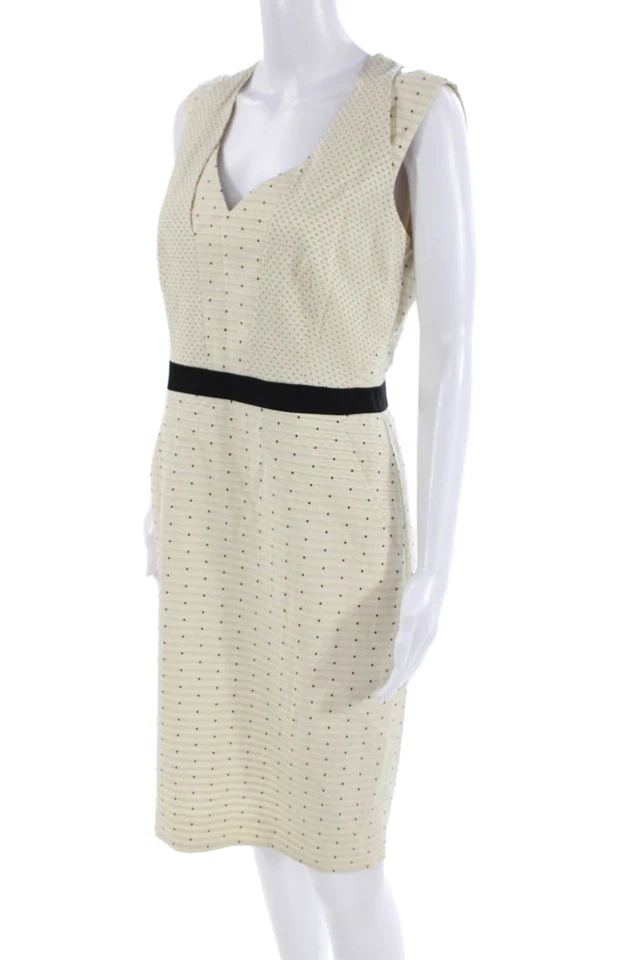 Piazza Sempione Womens Sheath Dress Beige Polka Dot V-Neck Midi Size 44 - Image 2 of 4