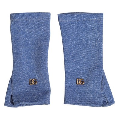 DOLCE & GABBANA Gloves Blue Logo Fingerless Wrist Length Mitten 7.5 / M 730usd