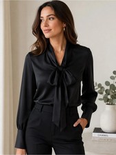 Banana Republic XS Black Blouse w/Neck Tie Long Sleeve Career Satin Look Top