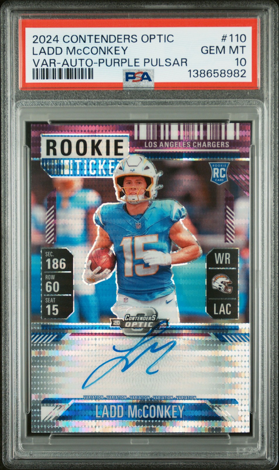 LADD McCONKEY 2024 CONTENDERS OPTIC VAR-AUTO-PURPLE PULSAR #110 19/27 PSA 10 