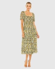 Mac Duggal 8232 Short Sleeve Micro Ruffle Tea Length Dress Size 18 $746 GOLD MLT