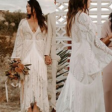 Boho Lace A Line Wedding Dresses V-Neck Bate Long Sleeves High Low Bridal Gowns