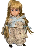 PORCELAIN COUNTRY STYLE DOLL ♡ 15" BLONDE PIGTAILS BLUE EYES FLORAL LACE DRESS 