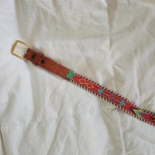 Vintage Hand Beaded Leather Belt Brown Multi Color Western Boho Size XS
