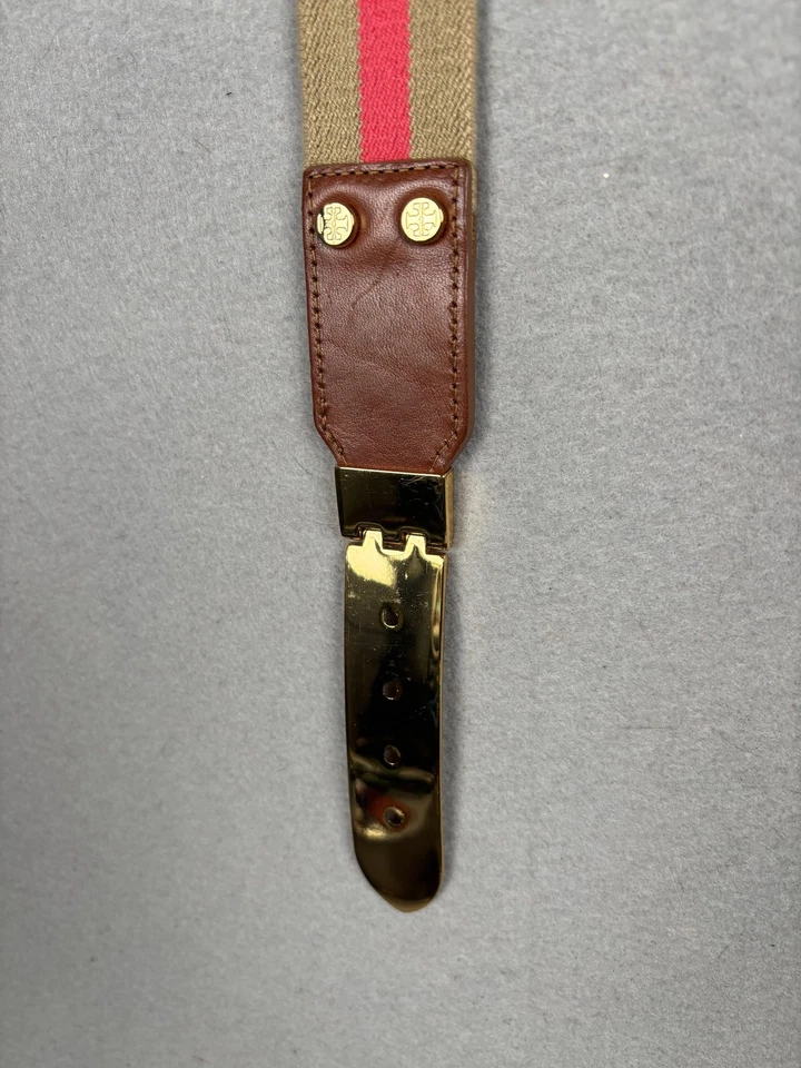 Tory Burch USA Canvas Web Belt Womens Small Tan Pink Stripe Leather Gold-Tone - Image 4 of 4