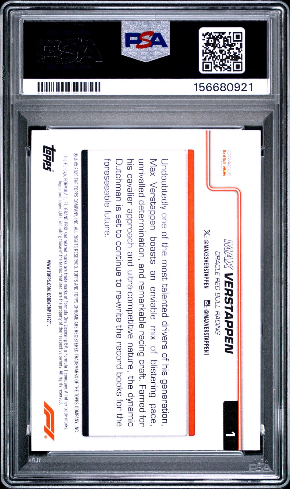 2025 TOPPS CHROME FORMULA 1 AQUA RAYWAVE #1 MAX VERSTAPPEN 63/199 PSA 9 view 2