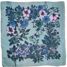 Vintage Large Square Scarf Floral Rolled Edges Teal Pink Blue