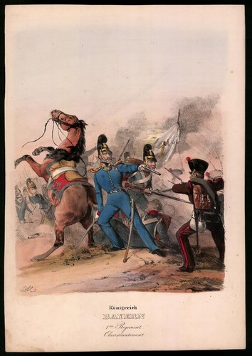 Lithograph Kingdom Bavaria, 1st Reg., Oberlieutenant, Antique Colored Lithograph