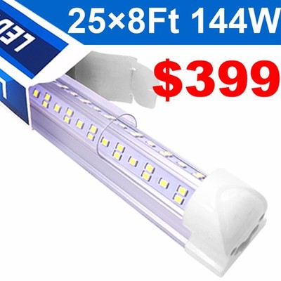 8FT V Shaped Linkable LED Shop Light Fixture 144W 6500K T8 Tube Light Integrated