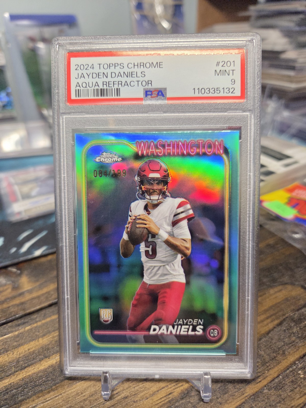 2024 Topps Chrome Rookie Jayden Daniels #201 Aqua Refractor /199 (RC) PSA MINT 9
