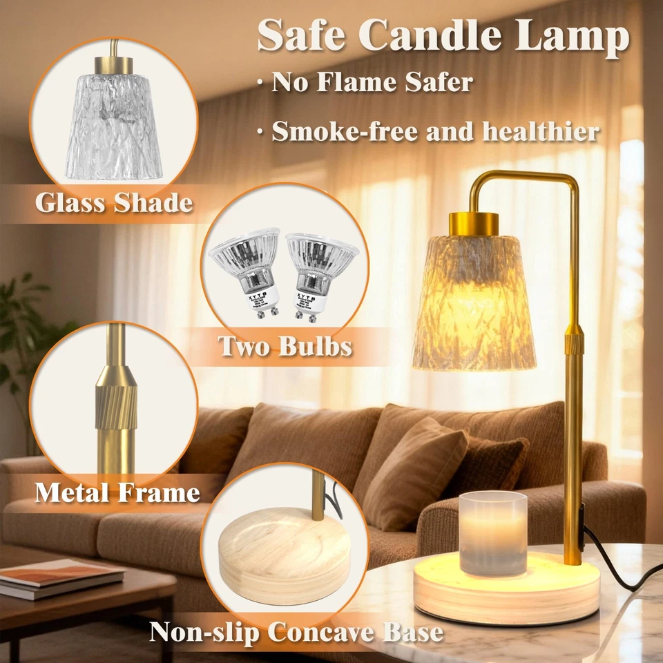 Lámpara Calentador de Velas Doradas, Lámpara Calentador de Vidrio Ajustable Lámpara con Temporizador Foto 3 de 4