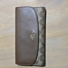 Authentic Coach Signature C Slim Envelope Khaki/Saddle Long Wallet