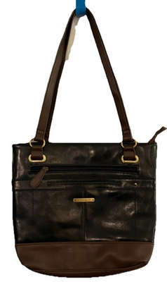 #ad #ad Stone and Co Shoulder Handbag Black With Brown Trim Zip Closure $19.95