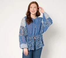 LOGO Lavish by Lori Goldstein Women's Top Sz XL Woven Mix Pattern Blue A683841