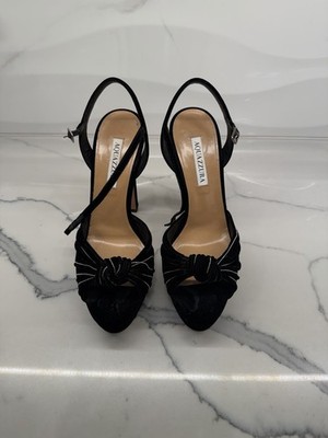  Aquazzura Black Velvet Platform Block Heel Sandals 8.5 Bow Ankle Strap