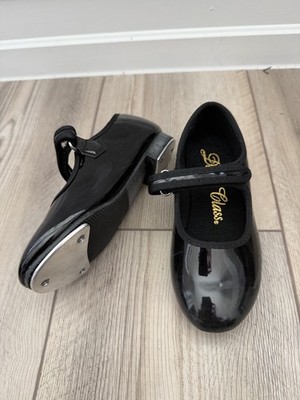 Dance Class Tap Dance Shoes Girls Patent Leather Black Lined Size 10