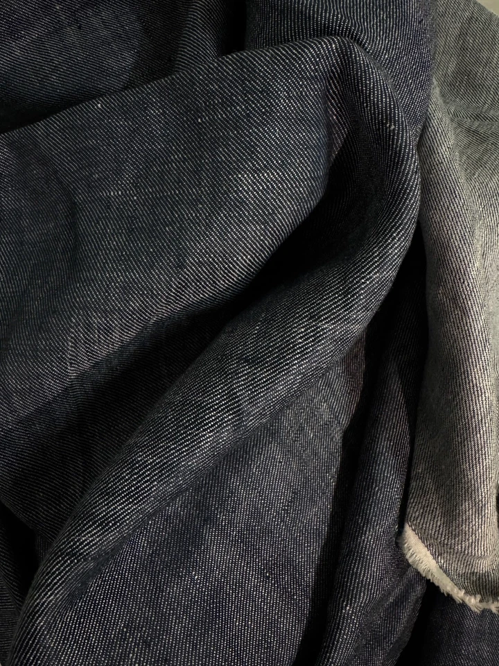 100% Flax Linen Fabric Yarn Dyed Two-Tone Dark Navy Blue / White Reversible BTY - Image 2 of 2