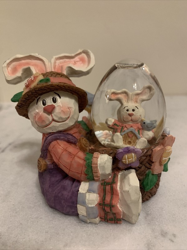 Vintage Easter Egg Snow Globe Figurine Bunny with Hat, Basket, Flowers