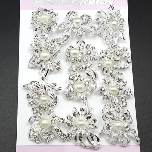 12pc/lot Mixed Mini Silver Pearl Crystal Brooches Pin DIY Wedding Bridal Bouquet - Picture 5 of 5