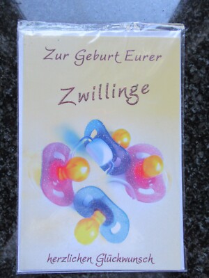Zwillinge Geburt, Baby Glückwunschkarte, Klappkarte mit Umschlag NEU + OVP