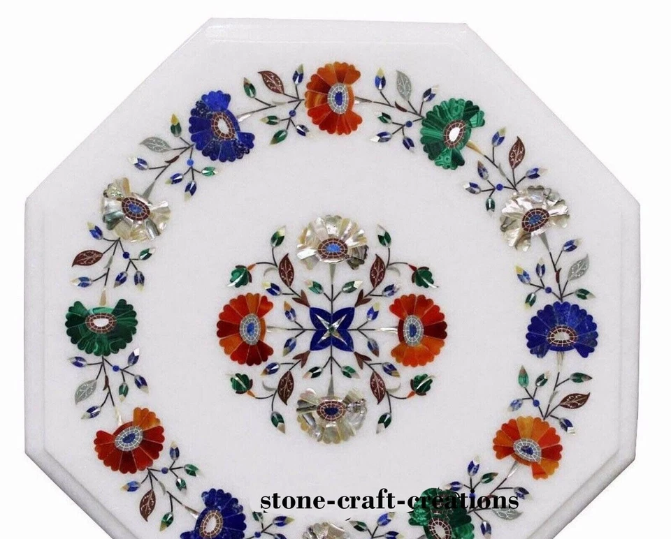 Marble Sofa Side Table Pietra Dura Art Coffee Table for Bar Decor 12 x 12 Inches - Image 3 of 3