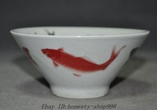 5'' Marked China dynasty wucai porcelain fish Goldfish statue Tea cup Bowl Bowls