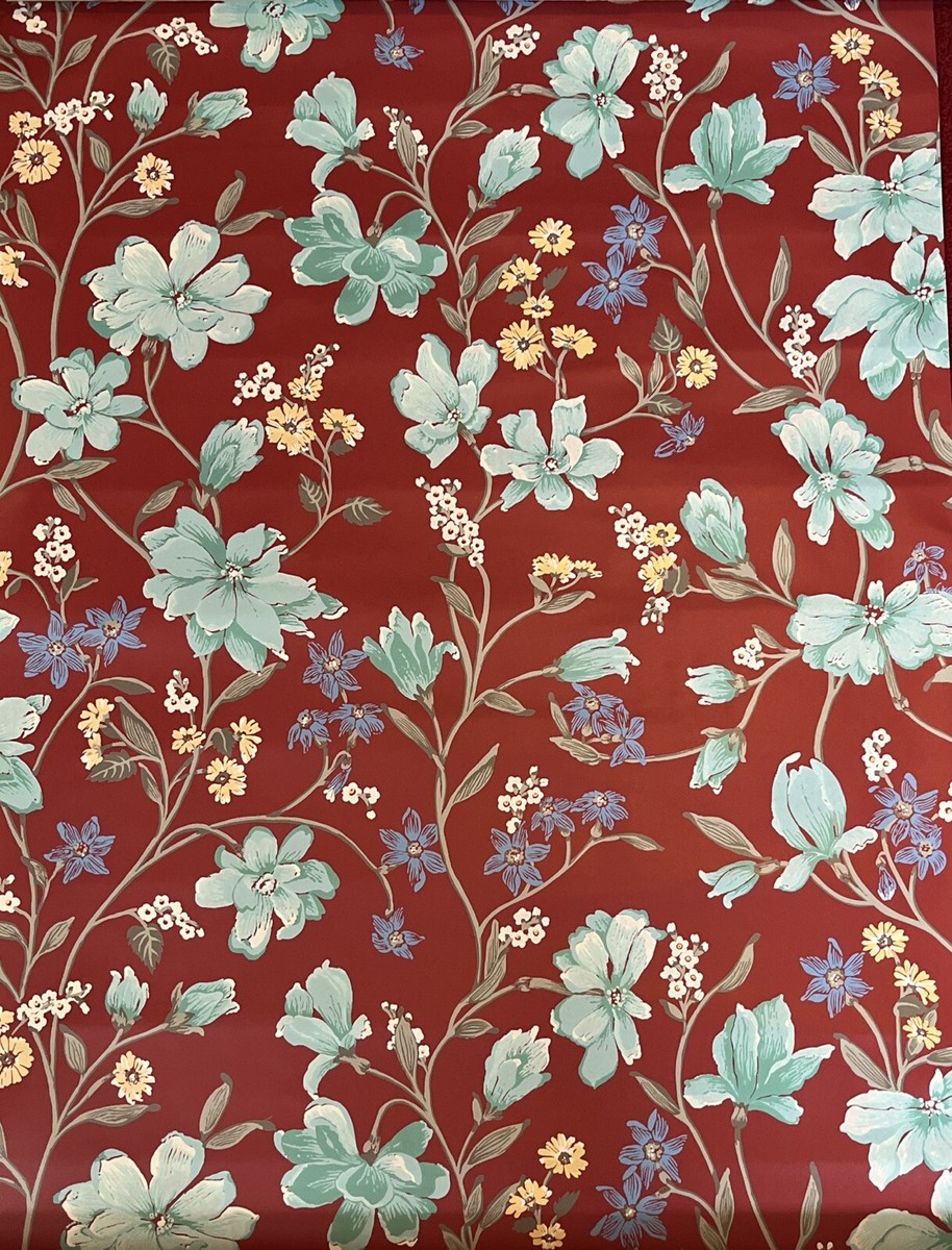 VTG NOS Katzenbach & Warren Red Floral Wallpaper Triple Roll 27in 