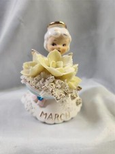Vtg MARCH BIRTHDAY ANGEL w/ DAFFODIL BOUQUEST & AQUAMARINE STONE #AR5168 JAPAN!