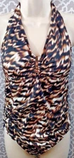Aqua Green Halter One Piece SwimSuit Leopard Animal Print Brown Black Small
