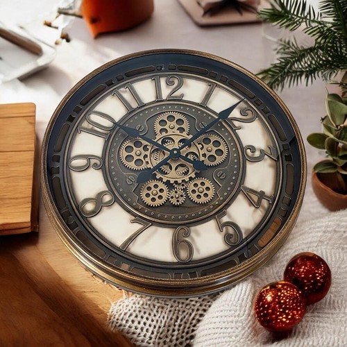 Premium Black-Gold 55cm Moving Gears Roman Numerals Wall Clock for Living Room - Picture 6 of 7