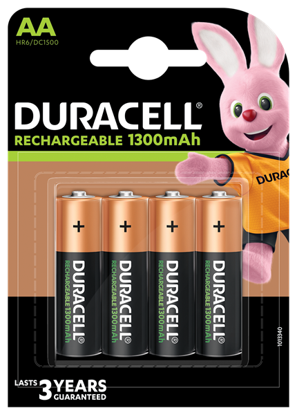 4 x Duracell AA Rechargeable Batteries - 1300 mAh PRE/ STAY CHARGE - HR6 4 Pack