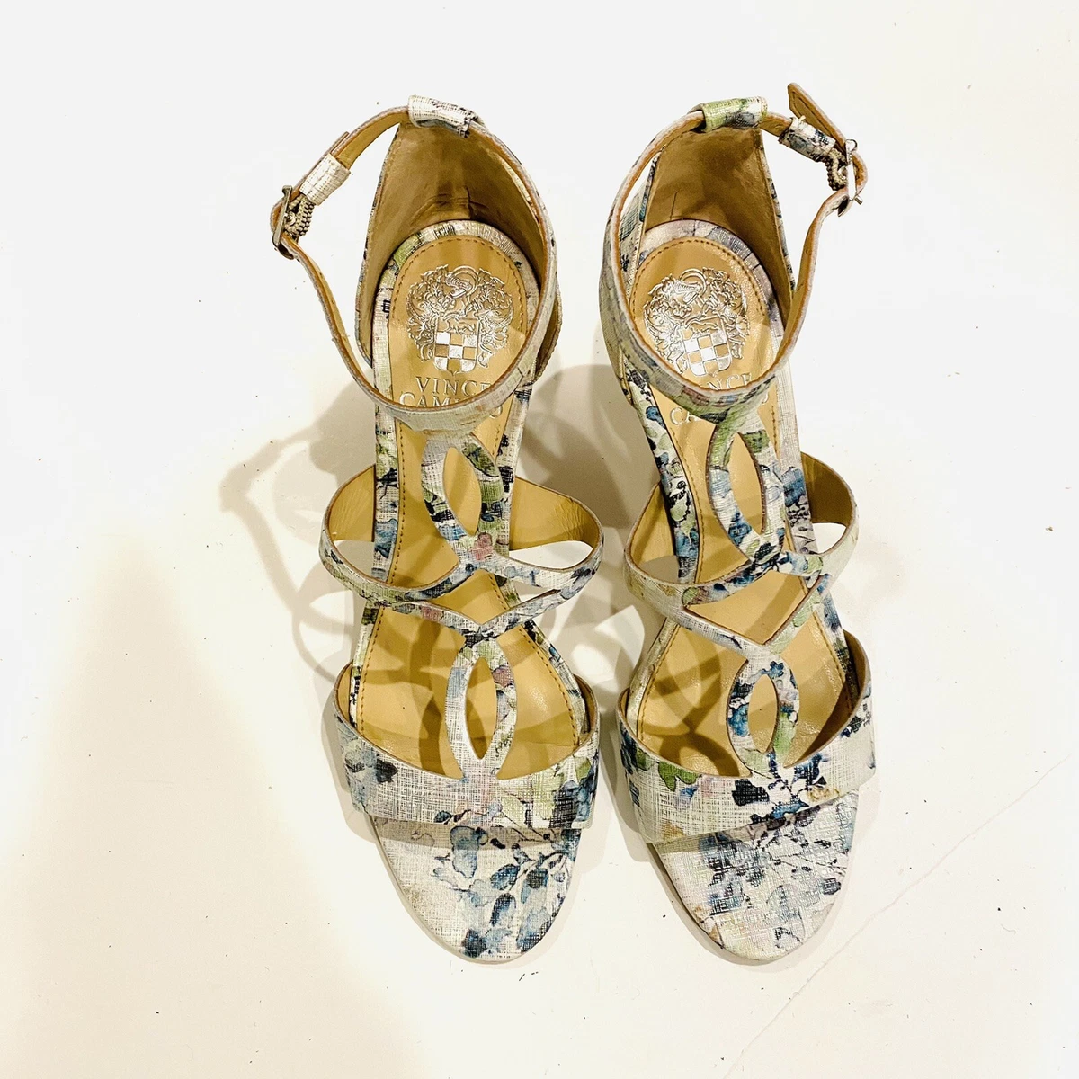 Vince Camuto PAYTO Floral Ivory Saffiano Leather High Heel Shoes