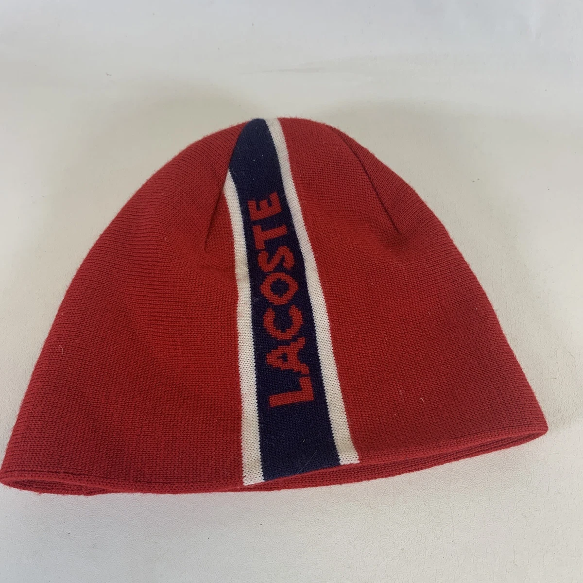 Lacoste Red W Blue Striped Reversible Green Croc Logo Winter Beanie Hat
